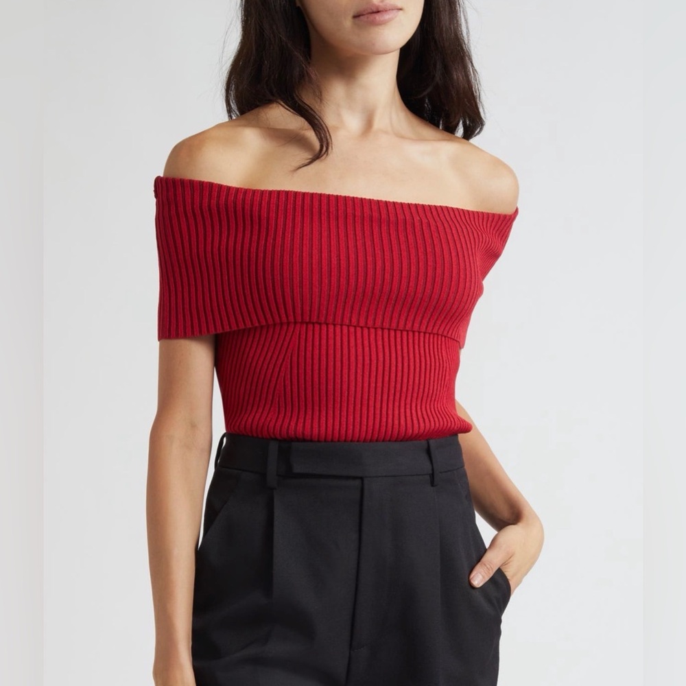 Ramy Brook Luke Foldover Red Off-Shoulder Ribbed Top